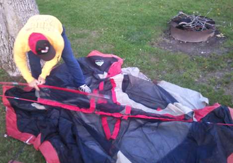 <p>
I get to work setting up a tent for Valerie.</p>