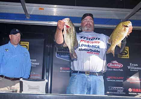 <p>
	Tom Reynolds with two of the biggest smallmouth from his limit.</p>
