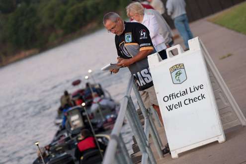 <p>
	B.A.S.S. officials check the angler's livewells before the day begins. </p>
