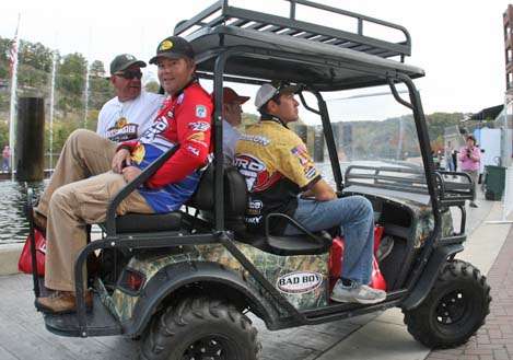 <p>
	Brian Snowden, Casey Scanlon and co-angler Mike Savage ride together on a Bad Boy Buggie.</p>

