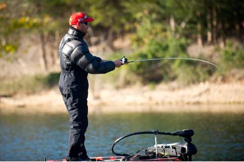 <p>
	Jared Miller makes a cast on Day Two of the Bass Pro Shops Bassmaster Central Open #3. </p>
