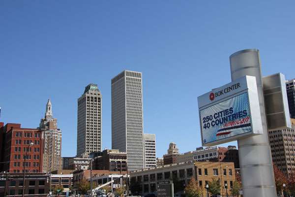 <p>
	With the cityscape as its background, a sign outside the BOK Arena, touts Tulsa's largest single employer -- American Airlines.</p>
