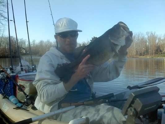 <p>
	Ben Jacobi's biggest catch this month was this 9.13-pounder. He was fishing a 1/4-ounce Spot Remover with a custom Teacha Worms crawdad. The water was clean but slightly dark and 45 degrees, with an air temp of 48.</p>
