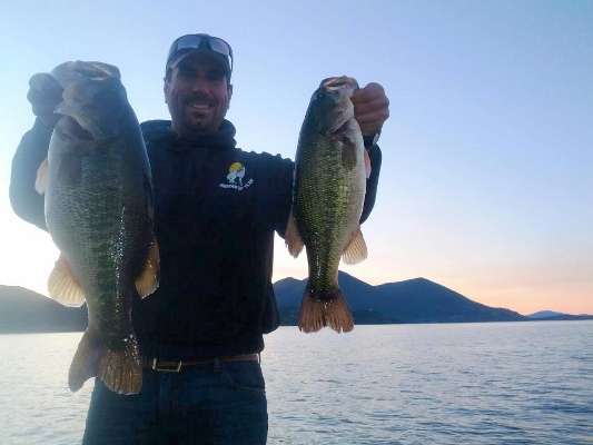 <p>
	Steve Ericksen caught these two bass earlier this month on Californiaâs Clear Lake. The 10-pounder and 4-pounder both went for a swimbait in 35 feet of water.</p>
