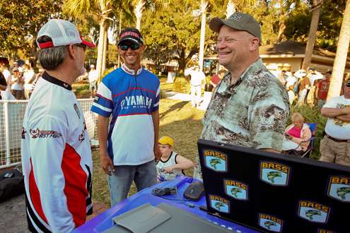 <p>
	 </p>
<p>
	Ken Duke talks to Mark Hicks and Kyle Fox during the Day Two weigh-in of the Bass Pro Shops Bassmaster Southern Open on the Harris Chain.</p>
