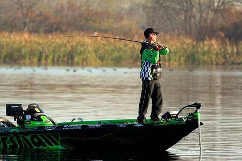 <p>
	Scott Ashmore makes another cast early on Day Two of the first Bass Pro Shops Bassmaster Southern Open of 2012.</p>
