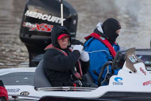 <p> 	Mark Tucker braces for a cold morning boat ride.</p> 