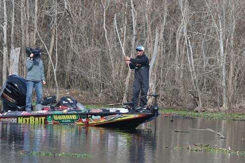 <p>
	Keith Poche, Day One leader, casts around scattered hyacinths.</p>
