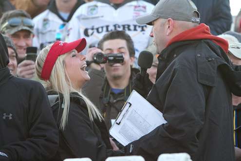 <p> 	Dave Mercer interviews a fan who traveled from Germany to see the Bassmaster Classic.</p> 