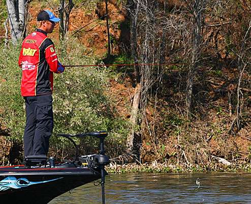 After finding fish with his spinnerbait, Vinson slowed down and worked soft plastics to specific targets.
