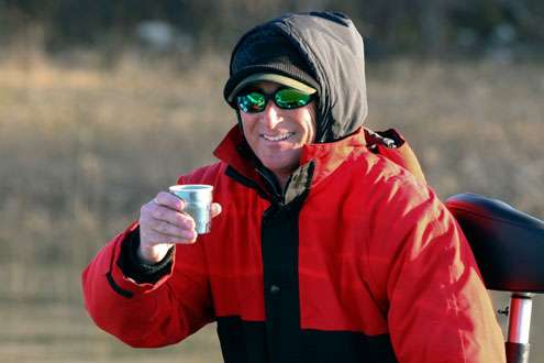 <p>
	Foushee stopped fishing for a time to warm up with a hot cup of coffee. </p>
