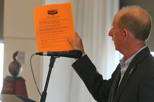 <p>
	B.A.S.S. Tournament Director Trip Weldon makes note of the official schedule anglers will be required to meet during the 2012 Bassmaster Classic.</p>
