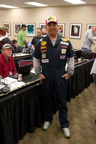 Tim Horton went totally retro, complete with the full-body jumpsuit, sponsor patches and trucker cap.
