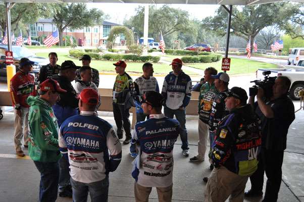 <p>
	The anglers congregate outside the VA hospital waiting for veteran volunteers to take them inside.</p>
