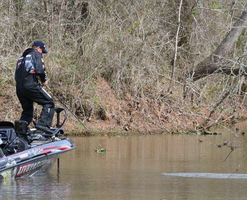 <p>
	Walker raises his foot to achieve extra power as he horses his biggest fish of the day around the boat.</p>
