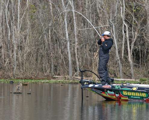 After repositioning his boat and working on the fish for over 10 minutes, Poche sets the hook.

