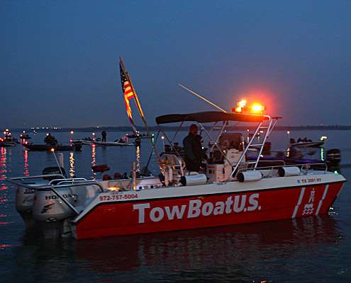 <p>
	A BoatUS Angler towboat, official towing service of Bass Pro Shops Bassmaster Opens, is on hand to offer towing services if needed.</p>
