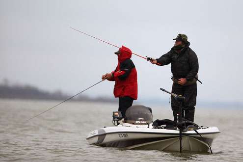<p>
	Jerry Shipe and his partner chose a much more calm fishing location to start their Day Two on Lewisville Lake. </p>
