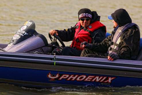 <p>
	Darold Gleason and his co-angler visit while idling through a no wake zone. </p>
