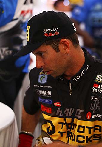 <p>
	Mike Iaconelli, who finished second here in 2009, ponders his response before answering a reporter's question.</p>
