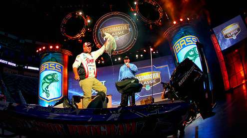 Scott Rook jumped on the stage with a big bag of bass on the final day of the 2011 Classic. He weighed in close to 20 pounds that day, but finished in 7th place.
