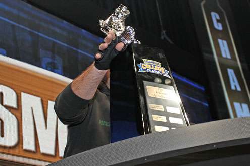 The Carhartt Bassmaster College Classic trophy gets a wash before the weigh-in.
