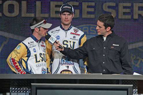 <p>
	Gavin Havard and Jason Rowe led off the Bassmaster College Classic for LSU Shreveport with a 12-ounce fish.</p>
