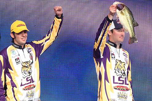 <p>
	Mason McCain and Doug Greenman pump their fist as the Shreveport-Bossier City crowd cheers for LSU and this 5-pounder.</p>
