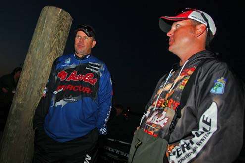 <p> 	 </p> <p> 	Jeremy Starks and Kevin Ledoux visit on the dock Saturday morning, waiting fort the day to start.</p> 