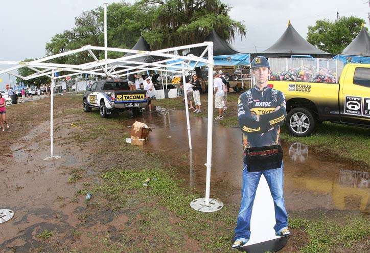 <p>
	An effigy of Michael Iaconelli stands in front of a stream of water that was created by  the storm. The tent nearby lost its roof, but Iaconelliâs life-size figure apparently weathered the storm.</p>
