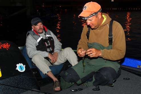 <p>
	 </p>
<p>
	Steve Kennedy works on his baits getting ready for Day Two.</p>
