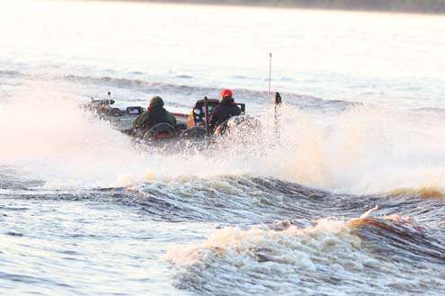 <p>
	An Elite angler breaks through the waves as he gets started on Day Two.</p>
