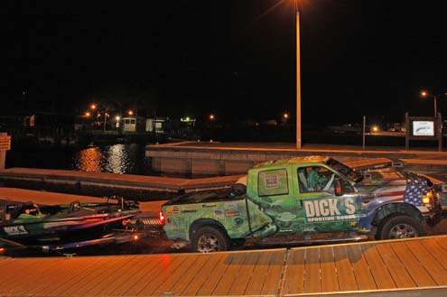 <p>
	Shaw Grigsby launches his boat early Sunday morning.</p>
