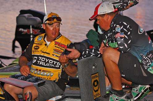 <p>
	Chris Lane and Terry Scroggins exchange baits for the final day.</p>
