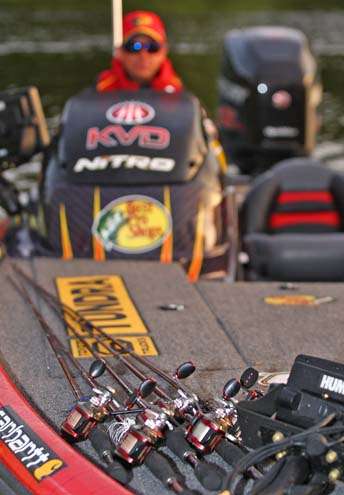 <p>
	Kevin VanDam has a full arsenal of rods strapped to his deck for the final day.</p>
