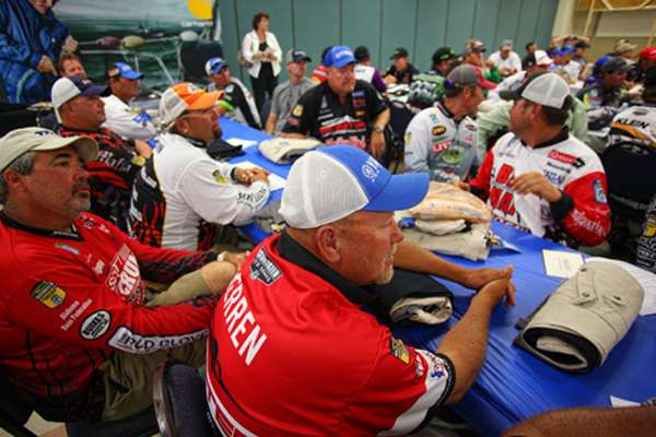 <p>
	Elite Series anglers listen for a pairing with their Day One Marshal. </p>
