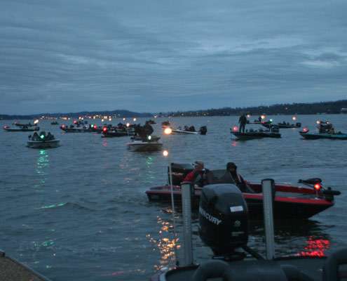 <p>
	Boats line up for the Day One launch of the Carhartt College Series South Super Regional on Lake Guntersville.</p>
