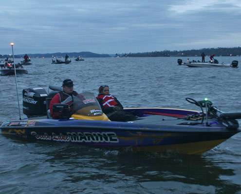 <p>
	Dustin White and Lauren Stamps idle by the dock on Day One of the Carhartt College Series event on Lake Guntersville.</p>
