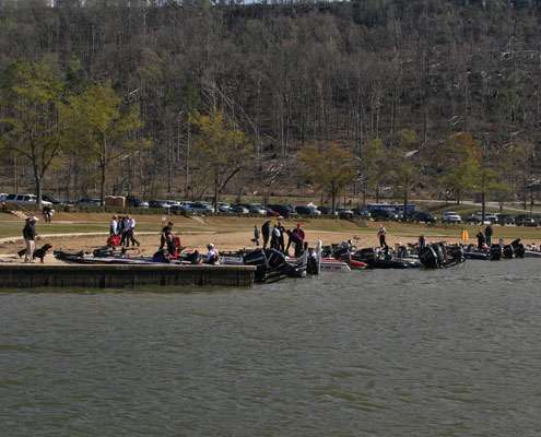 <p>
	Boats line the shore at Lake Guntersville State Park for the weigh-in Friday.</p>
