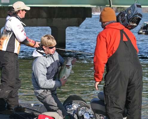 <p>
	Strock shows off the nice largemouth to the cameras.</p>
