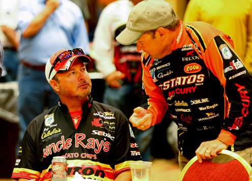<p>
	Jeff Kriet and Mike McClelland compare notes on fishing Beaver Lake. </p>
