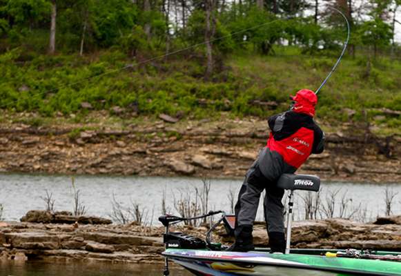 <p>
	Grigsby makes another cast across the point and again hooks a fish. </p>
