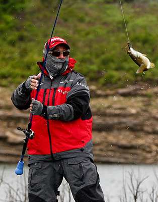 <p>
	Grigsby swings the smallmouth high into the air as he brings it aboard. </p>
