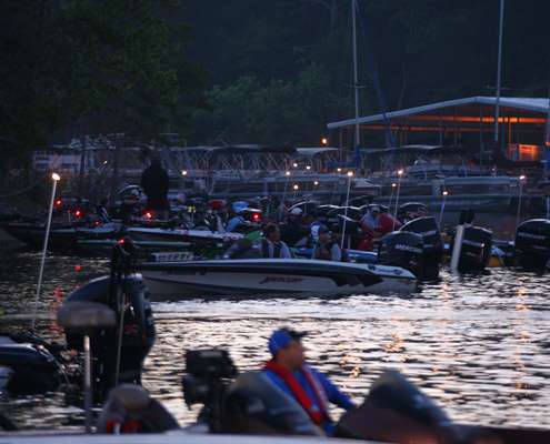 <p>
	Boats gather for the Day One launch of the Bass Pro Shops Bassmaster Central Open on Table Rock Lake.</p>
