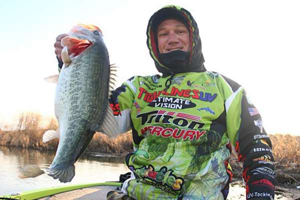 <p>
	Chapman shows off a healthy Lewisville bass on the final day of the Open.</p>
