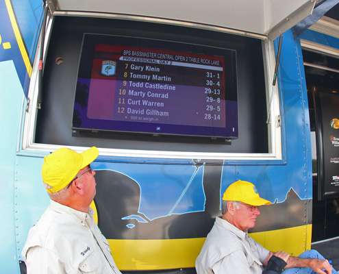 A volunteer checks the leaderboard to see where the top 12 cut currently stands.
