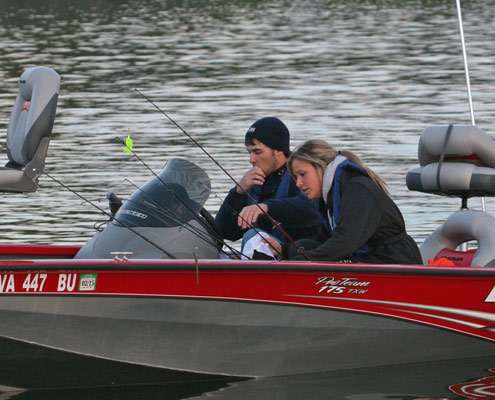 <p>
	Jimmy Thorne and Sarah Faison of Christopher Newton University prepare to take off for a new fishing spot on Friday morning.</p>

