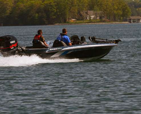<p>
	Day One leaders Travis Cox and Justin Witten head for a new spot on Saturday. The team from Radford went on to win the Carhartt College Bass East Super Regional on Smith Mountain Lake.</p>

