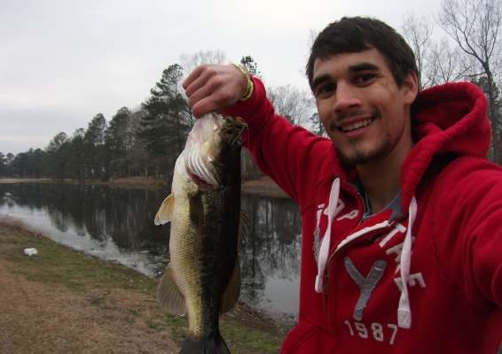 <p>
	Matthew Merriman caught this bass on an overcast and rainy day in mid-February. He was fishing a pond in Jacksonville, N.C., using a Strike King Bitsy Bug (green crawfish) with a Strike King Perfect Plastics Rodent trailer (watermelon).</p>

