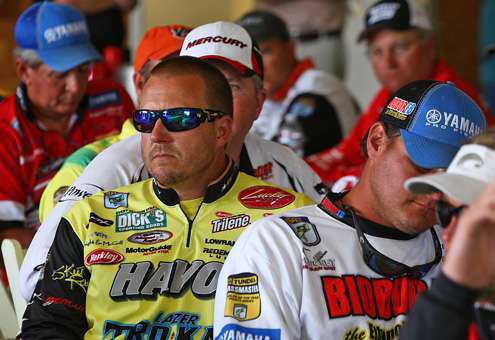 <p>
	Skeet Reese, who is in a tight race for  the Toyota Tundra Bassmaster Angler of the Year title with Brent Chapman waits for his boat number. </p>
